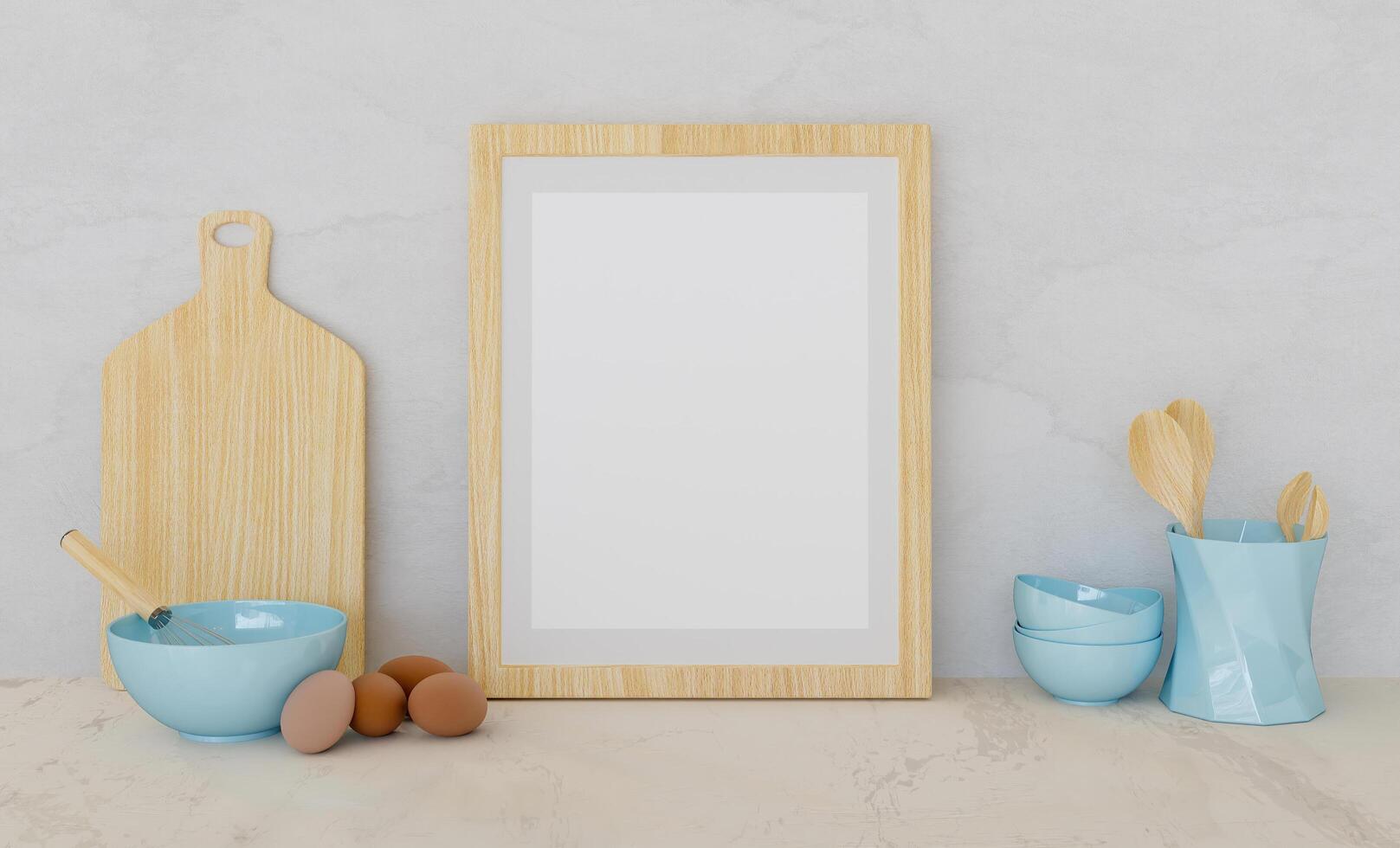 Mockup of a wooden frame with kitchen accessories and eggs on the sides, 3d rendering photo