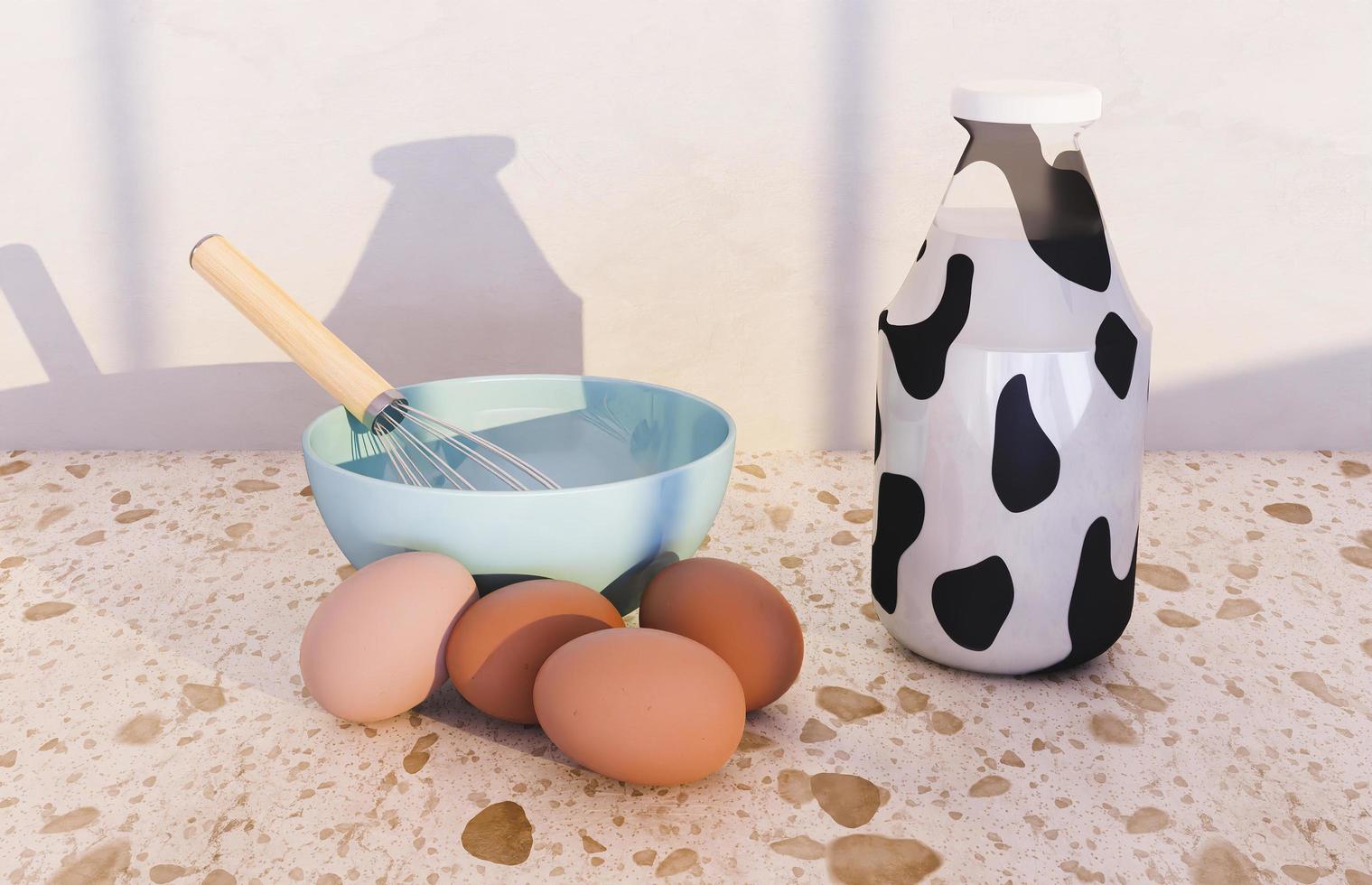 Batidora de mano en un recipiente con huevos a su alrededor y una botella de leche con estampado de vaca, renderizado 3d foto