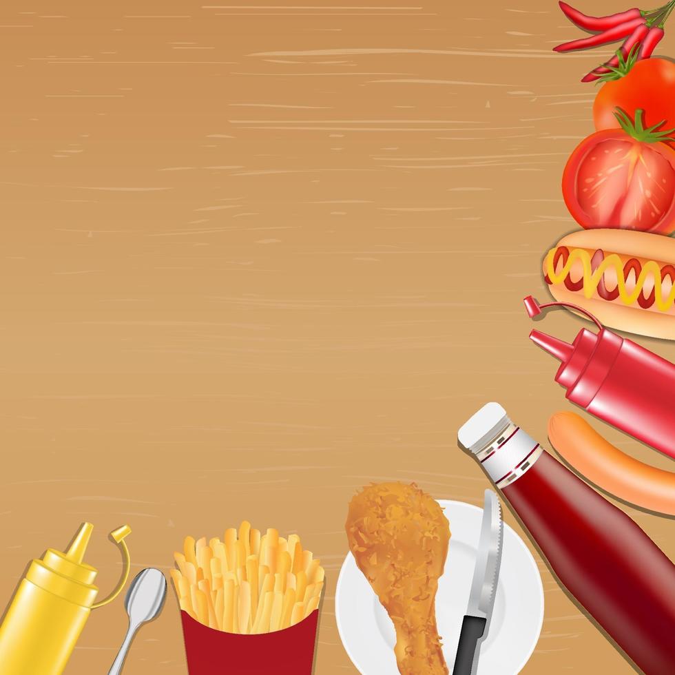 chicken french fries sausage  tomato pepper sauce vector