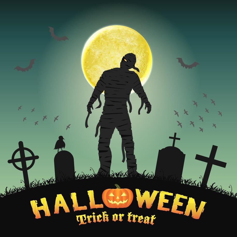 halloween spooky mummy in a night graveyard vector