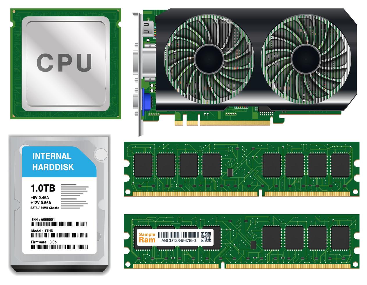 La CPU de la tarjeta gráfica de disco duro ram sobre fondo blanco. vector