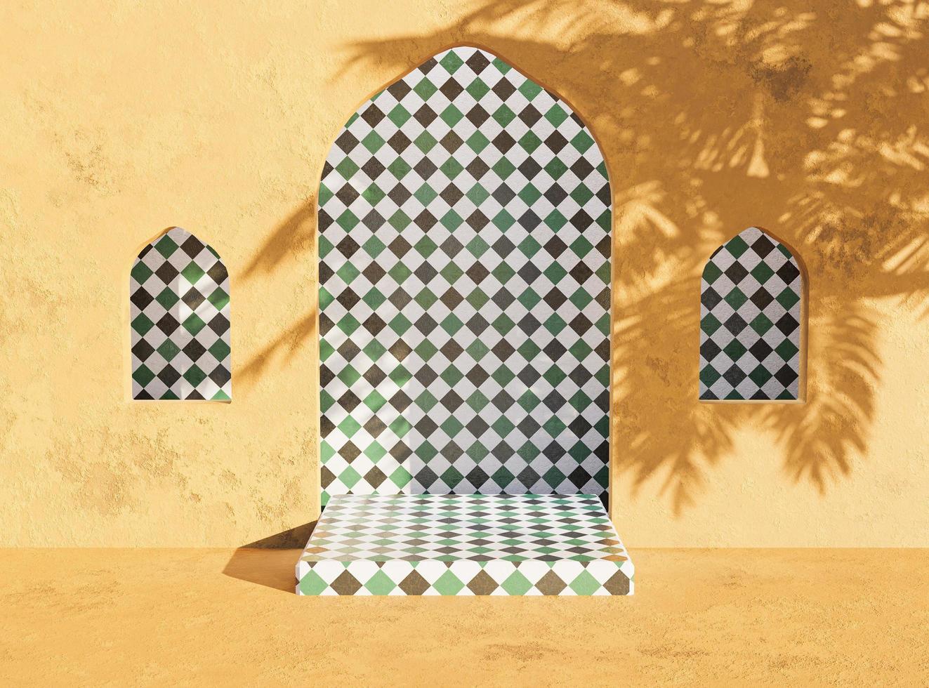 soporte de presentación de productos de estilo árabe con sombra de palmera, representación 3d foto