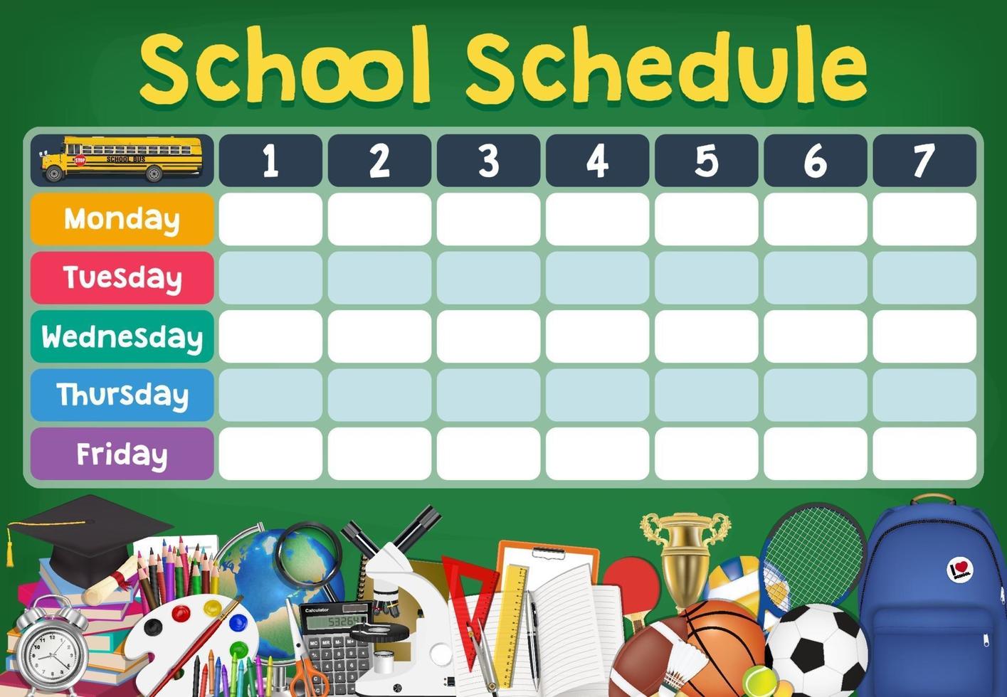 school schedule timetable with student items vector