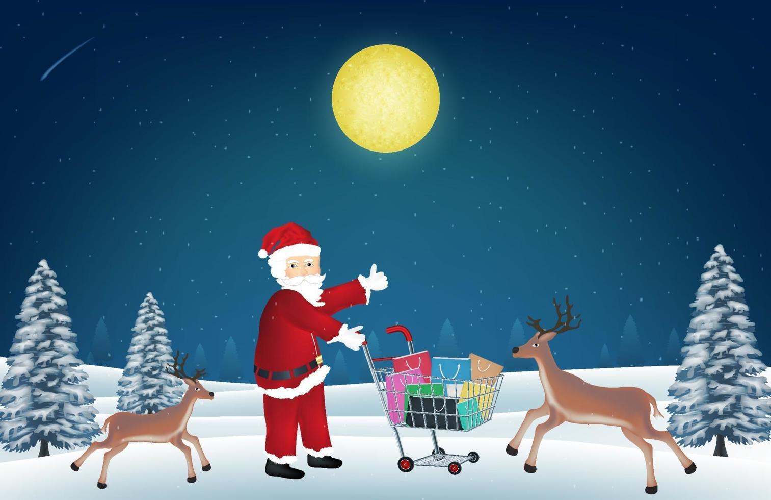 santa claus with reindeer and shopping bag on cart vector