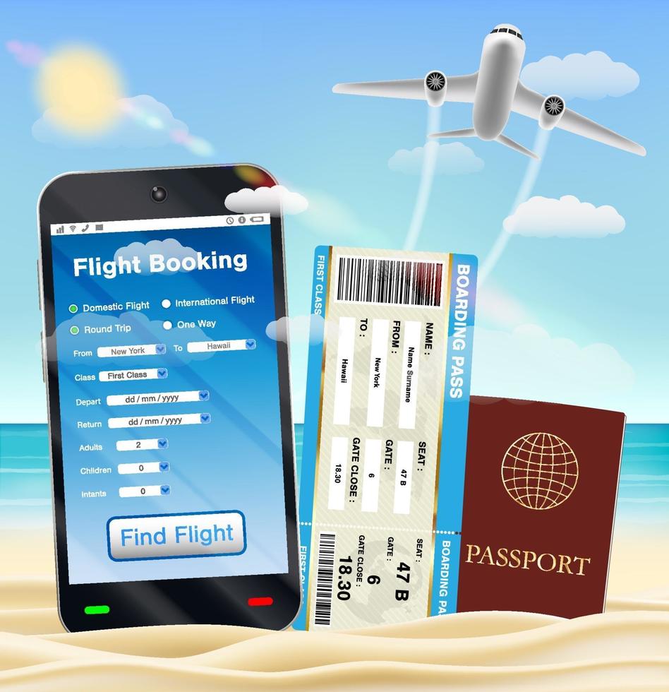 smartphone with online flight booking app on beach vector