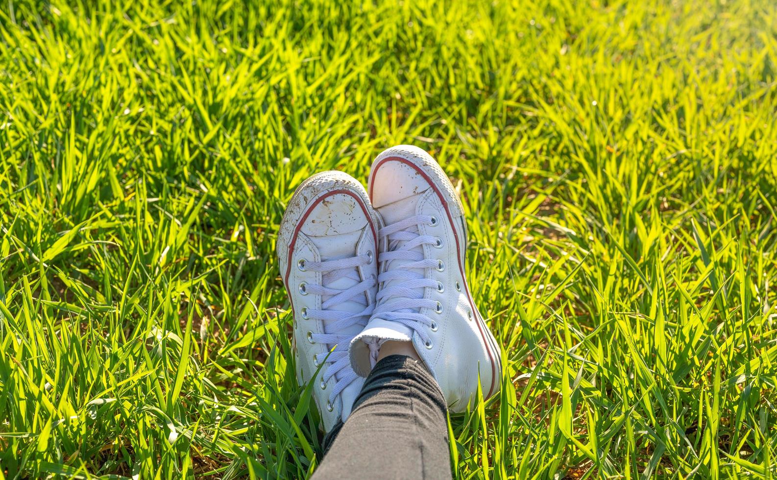 Pies de niña en zapatillas blancas sentado en un prado verde foto