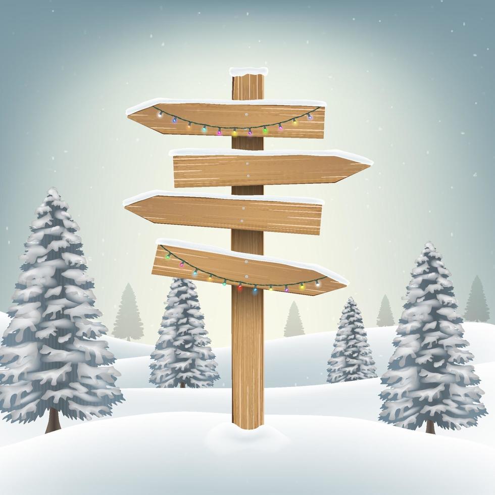 Tablero de dirección de madera de navidad firmar en bosque nevado vector
