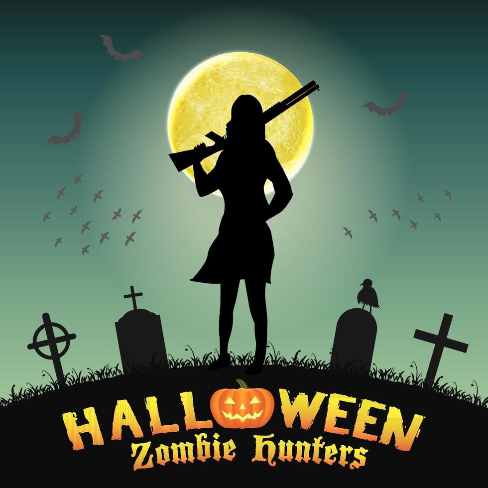 Cazador de zombies de halloween con escopeta en el cementerio vector