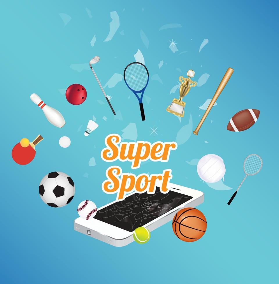 Super deporte en la pantalla del teléfono inteligente con equipamiento deportivo flotando en el teléfono inteligente explotado vector