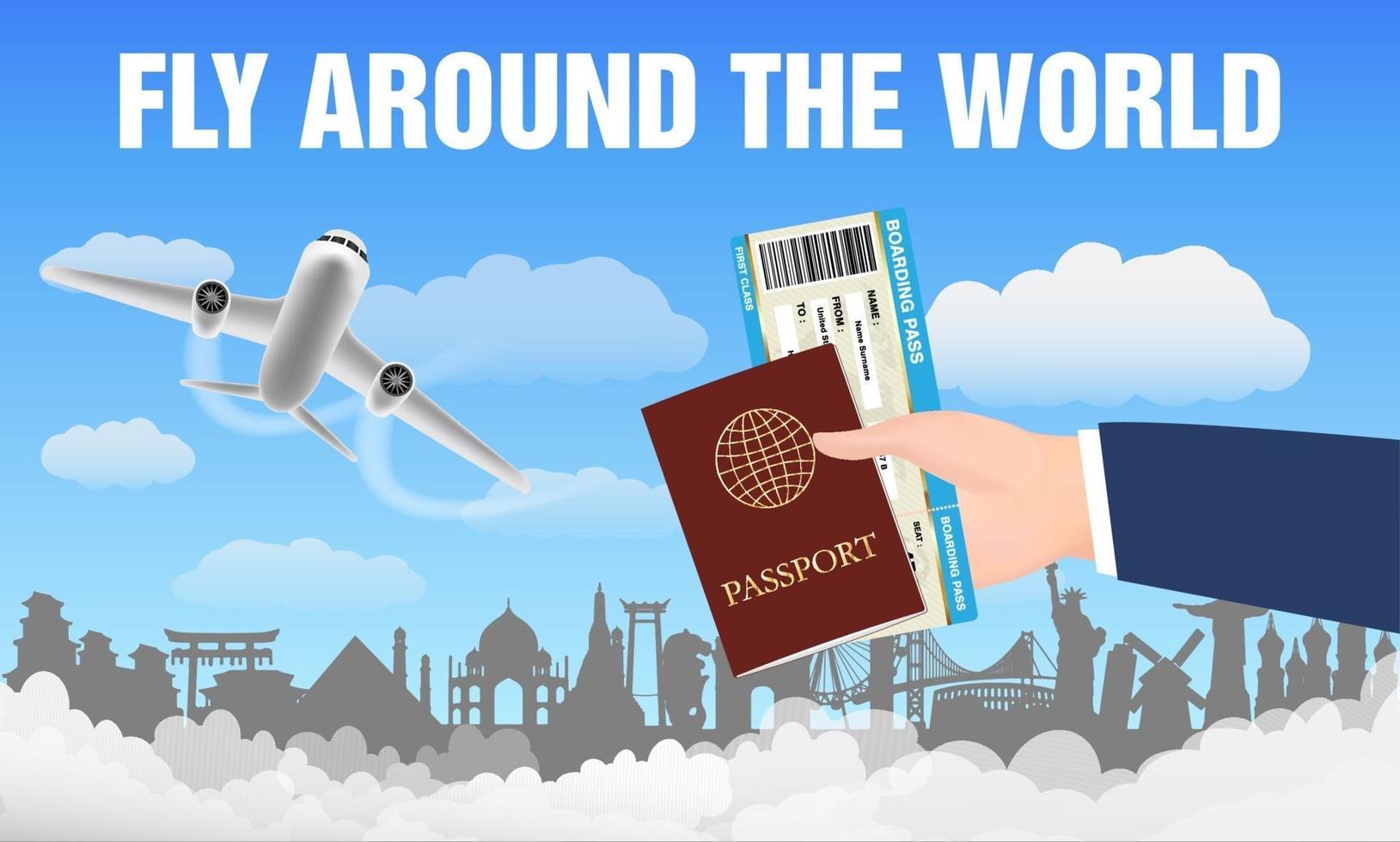avión vuela alrededor del mundo y pasaporte de mano. vector
