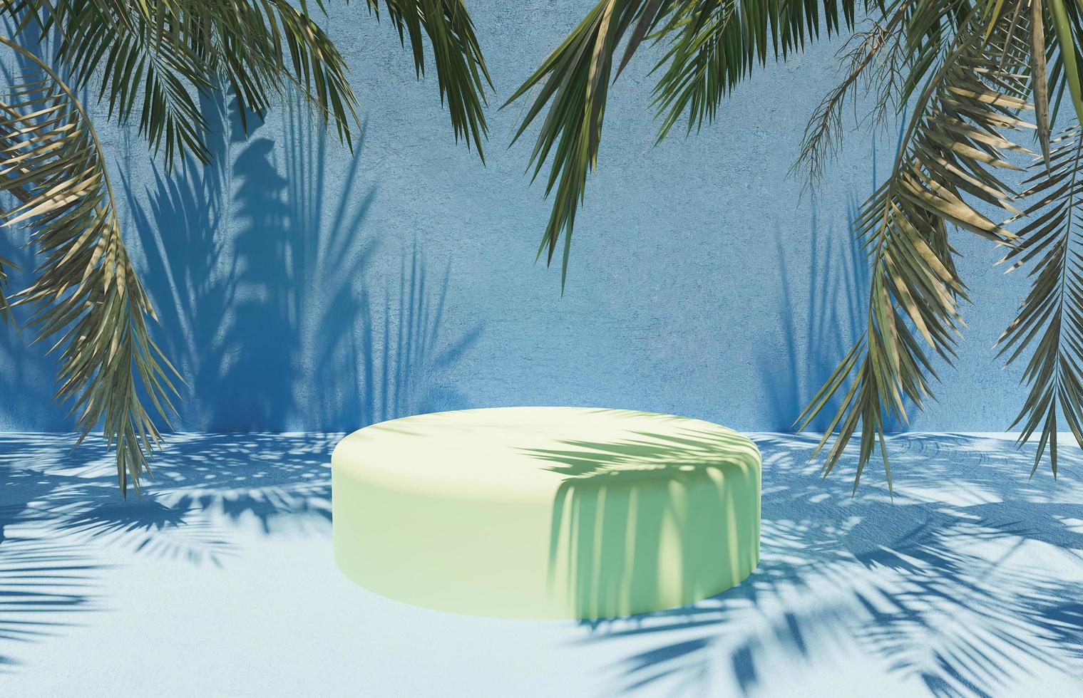Soporte cilíndrico para la presentación del producto con hojas de palma alrededor y superficie de cemento azul, render 3d foto