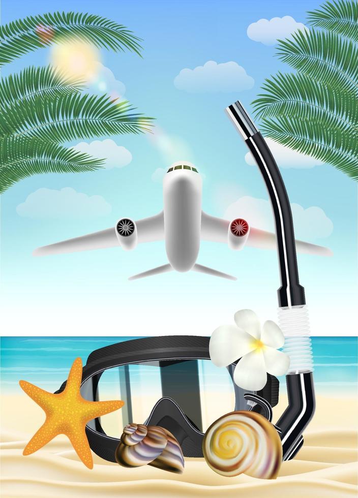 airplane flying to beach for diving travel vector