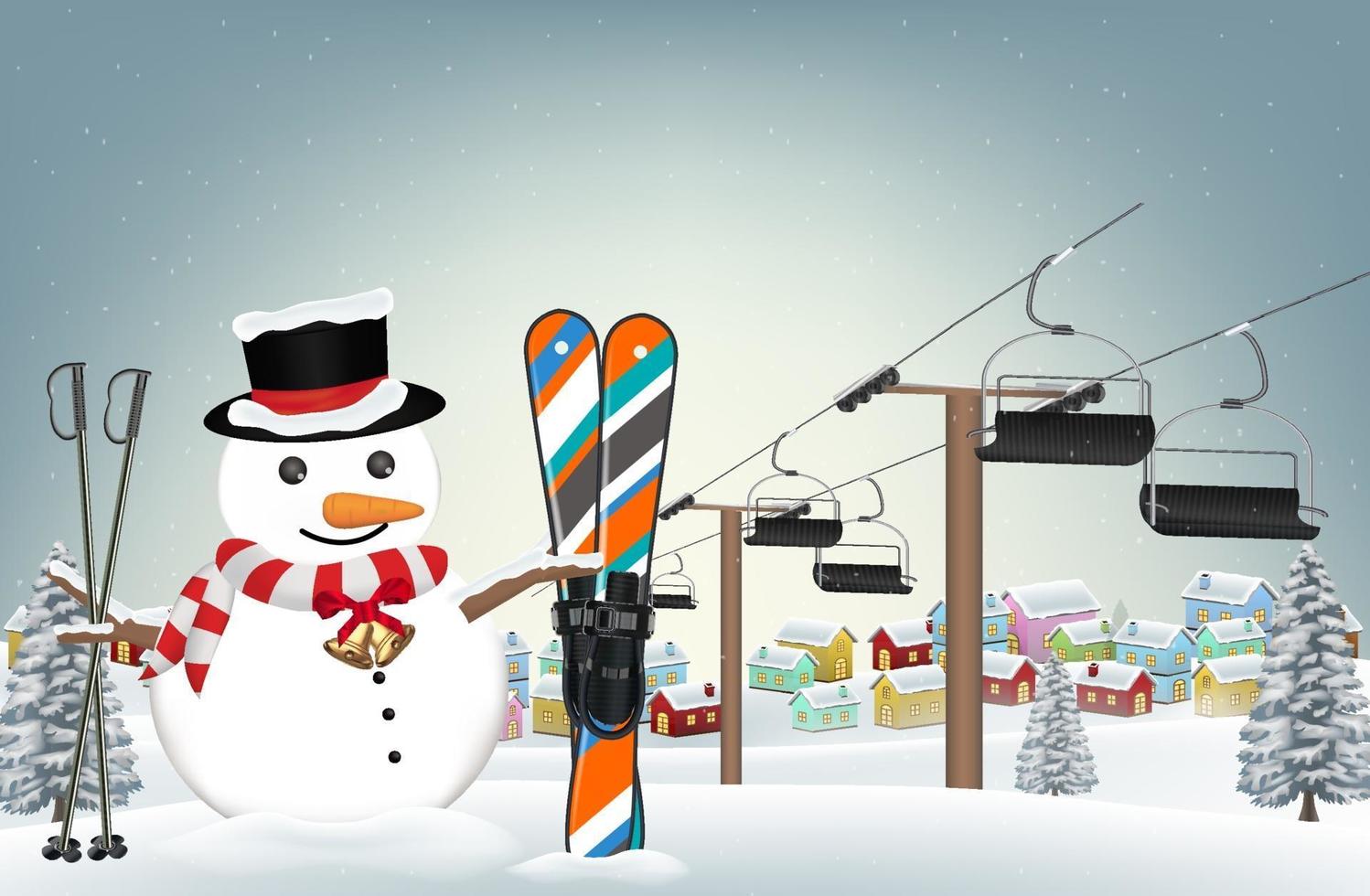 vamos a esquiar con muñeco de nieve con material de esquí vector