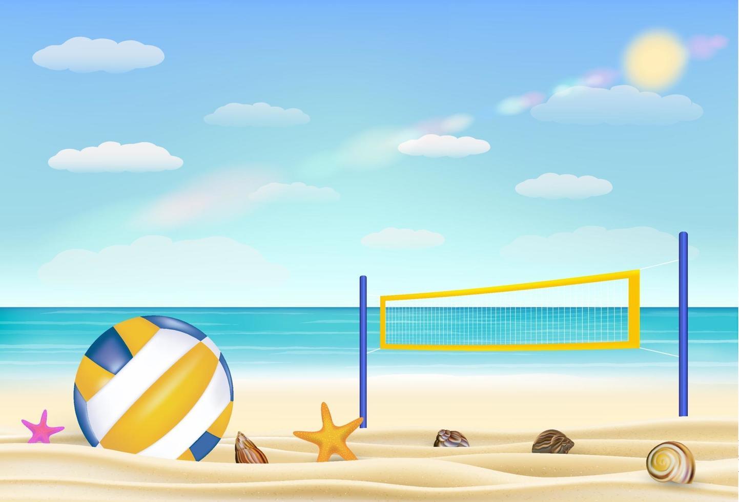 Voleibol de playa y net en una playa de arena con fondo de cielo de mar traer vector