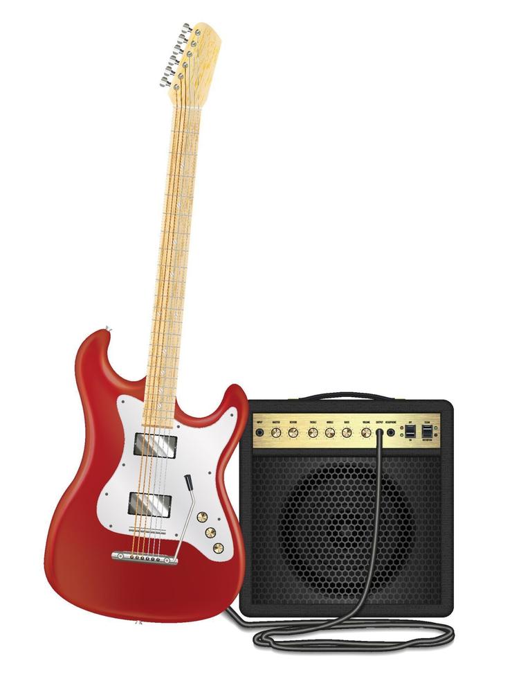 real red electric guitar with guitar amplifier vector