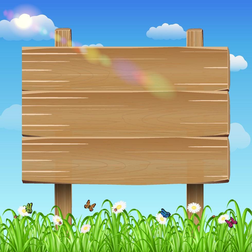 Cartel de tablero de madera sobre césped y mariposa con cielo vector