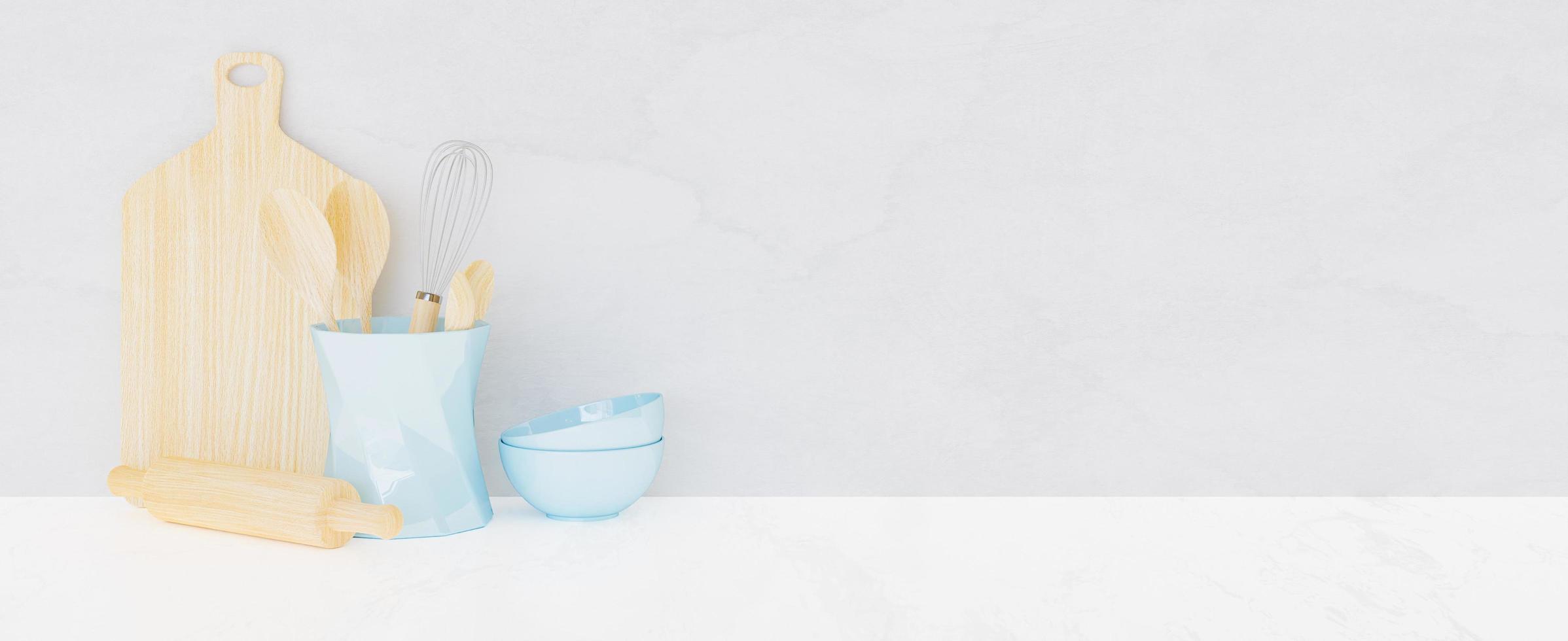 Kitchen utensils with pastel blue ceramic bowls, 3d rendering photo