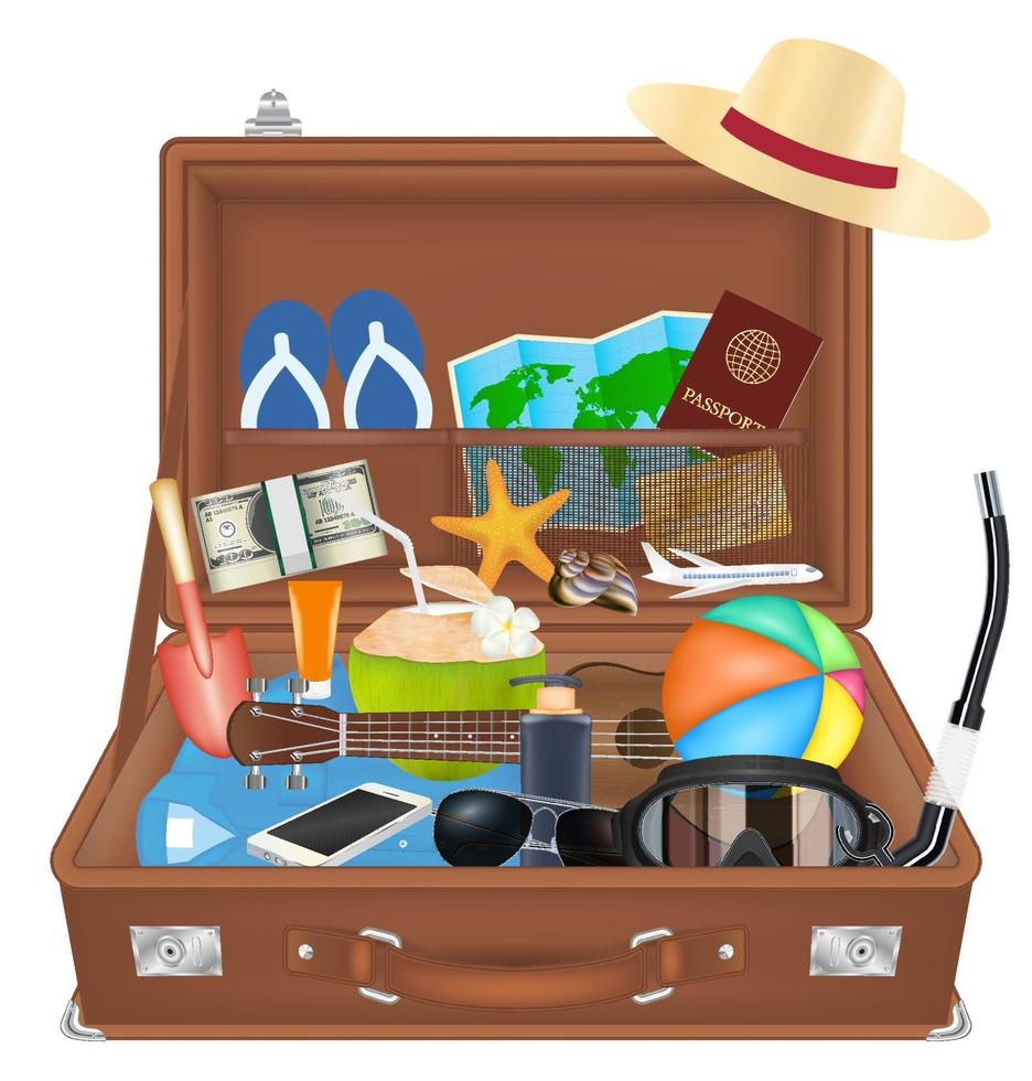 open suitcase bag with beach travel object vector