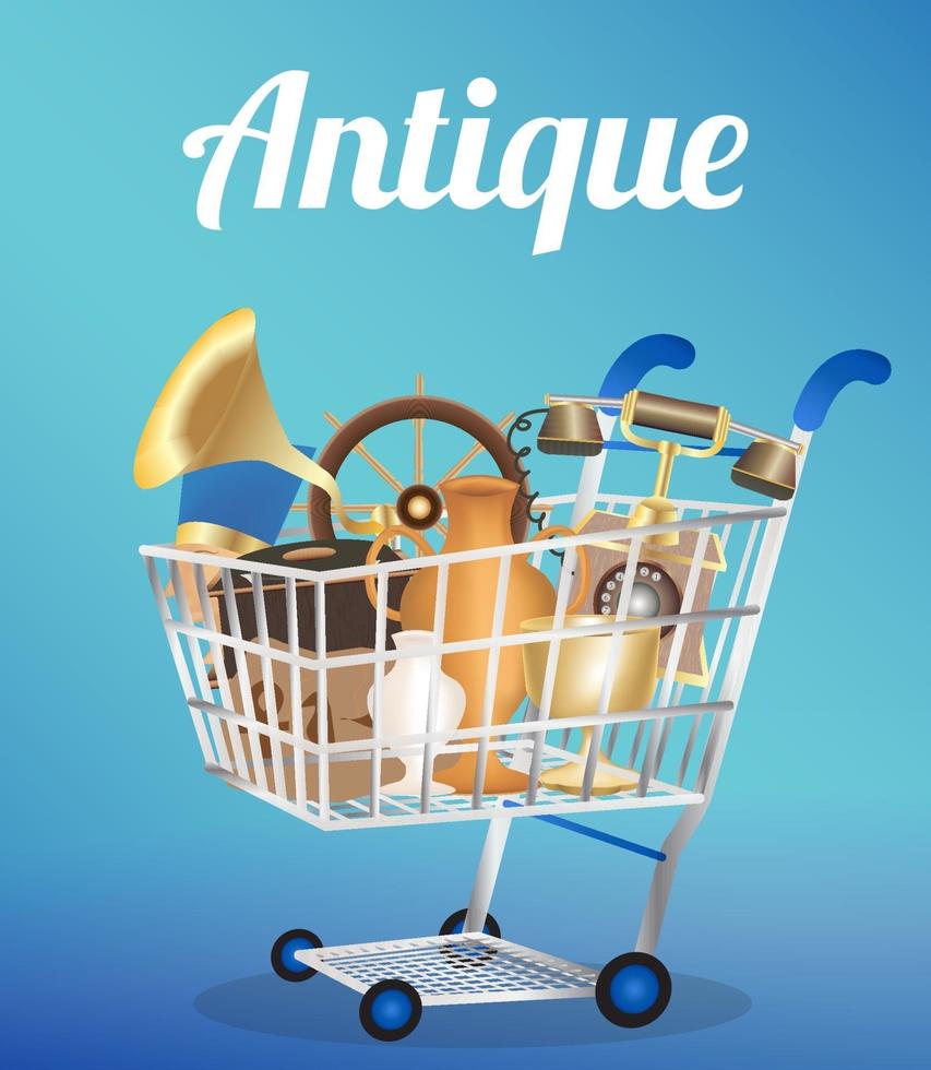 antique object with old telephone vinyl disc player jar statue and ship steering on a shopping cart vector