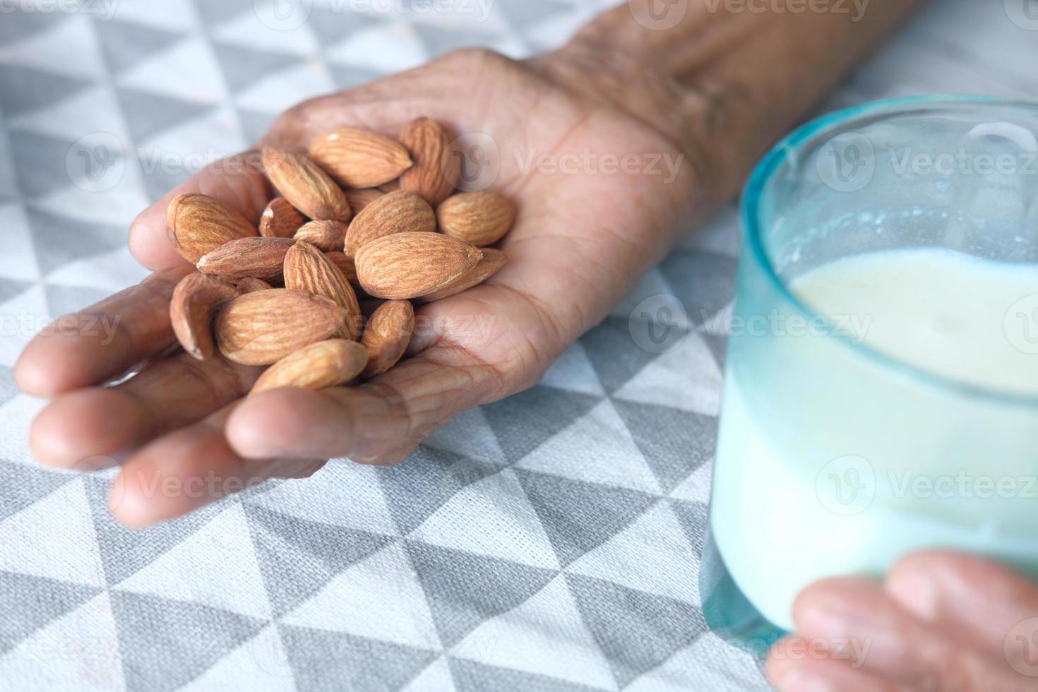 Almonds and milk in hands photo