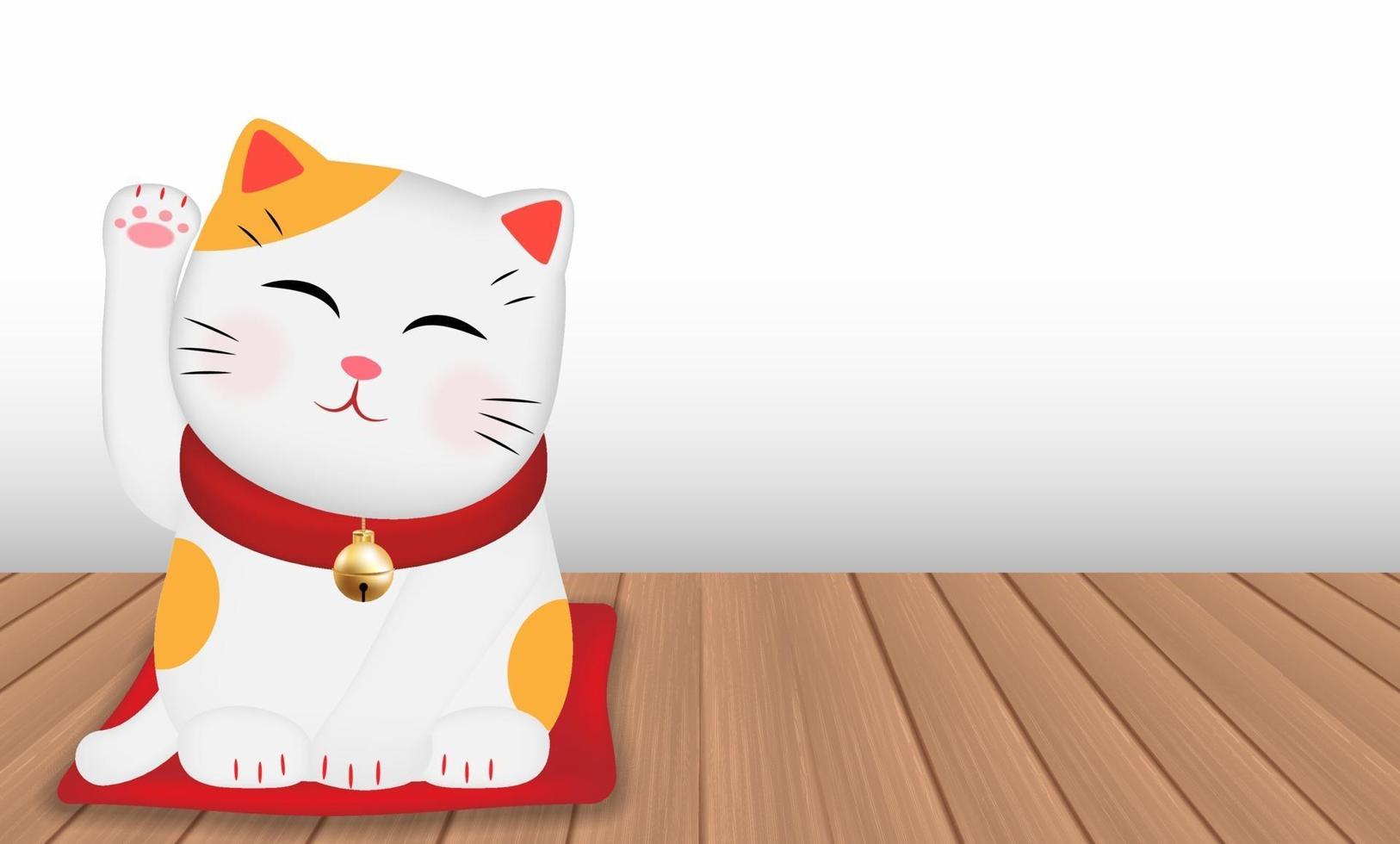 Japón maneki neko cat sobre piso de madera vector