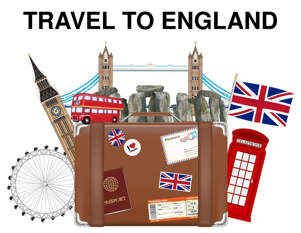 viaje a inglaterra maleta con hito de inglaterra vector