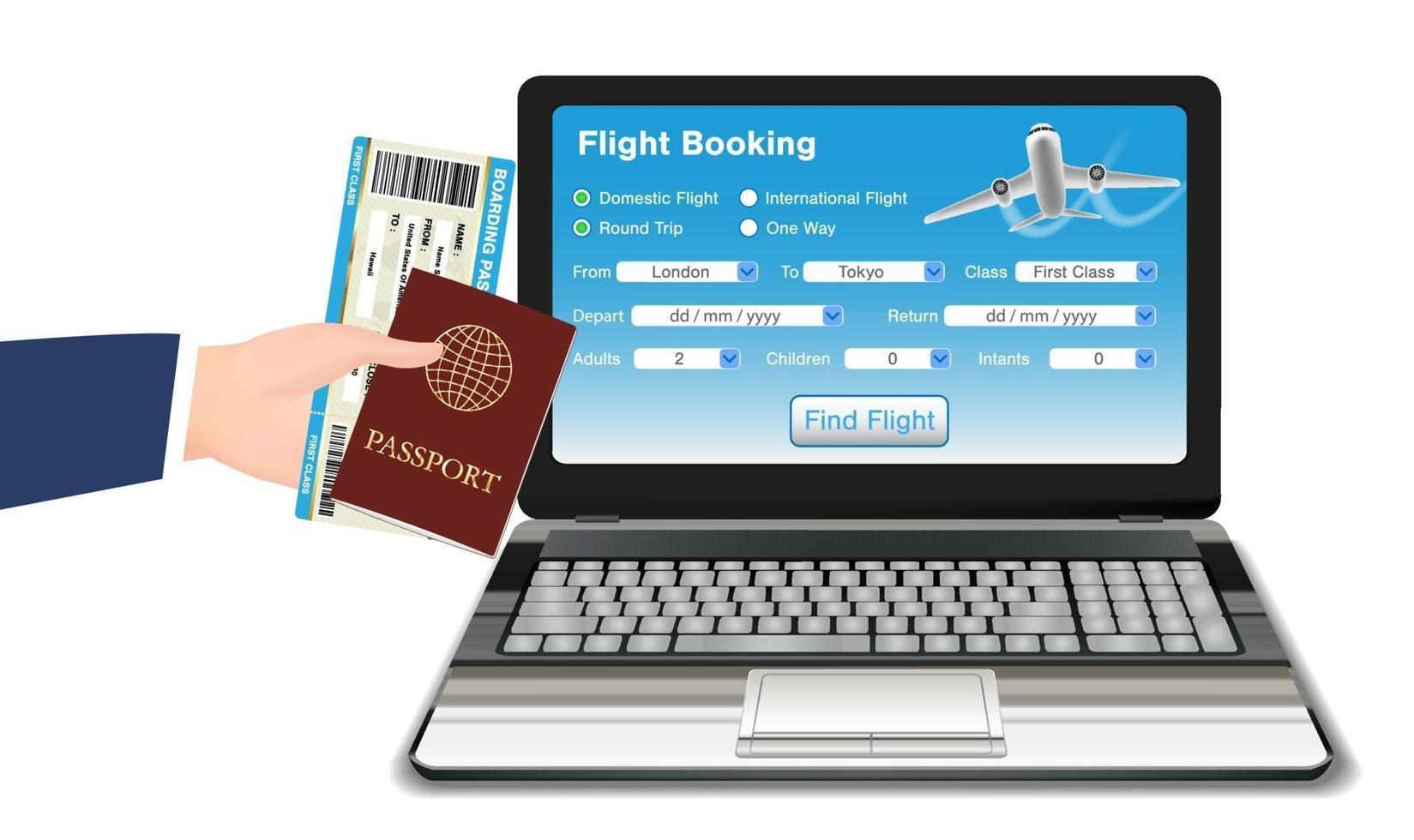Reserva de vuelo online portátil con pasaporte billete vector