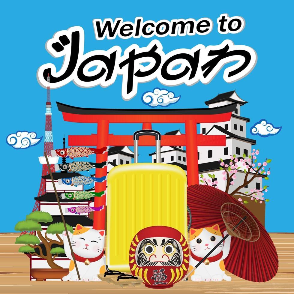 bienvenido a japón con objeto y punto de referencia de japón vector