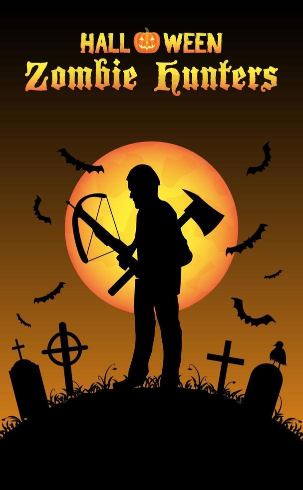 halloween zombie hunter with crossbow at graveyard vector