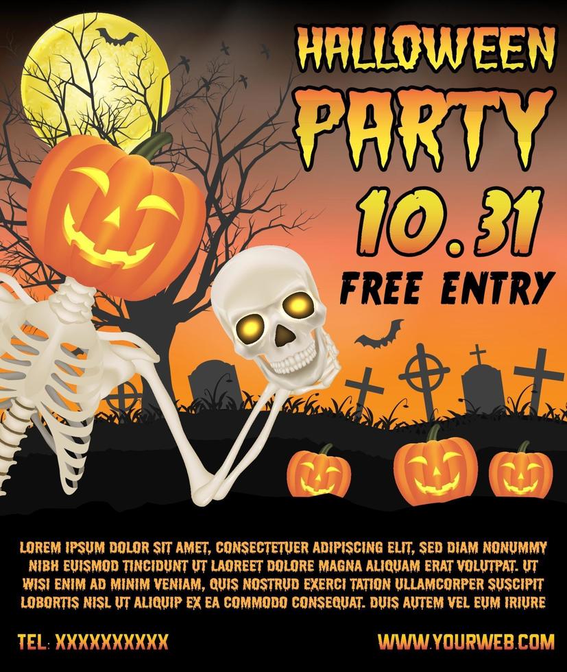 halloween promotion banner with skeleton on graveyard poster vector