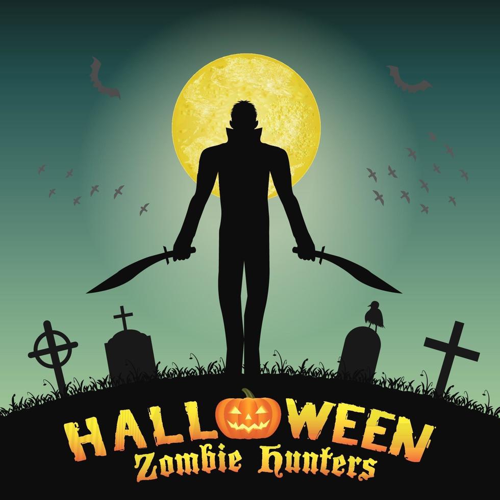 halloween zombie hunter with knife  in graveyard vector