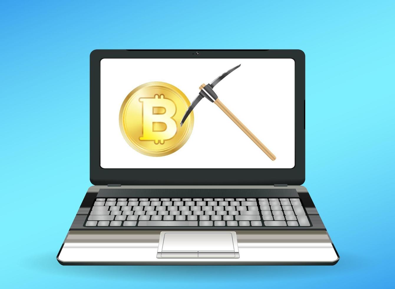 laptop computer displaying bitcoin mining vector concept