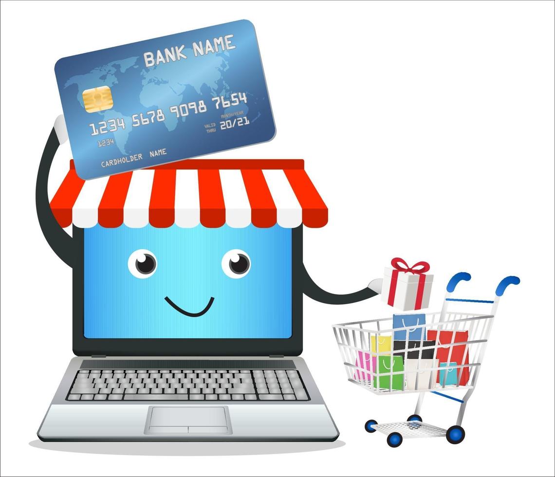 laptop online store with credit card and shopping cart vector