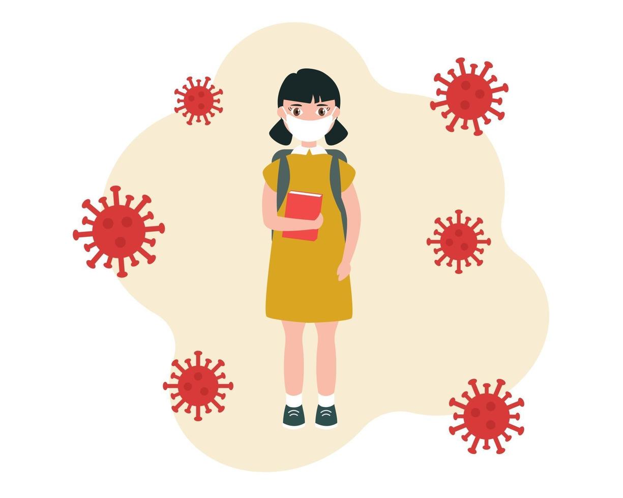 A schoolgirl wearing a medical mask. Protection against coronavirus. Vector illustration in a flat style, isolated on a white background