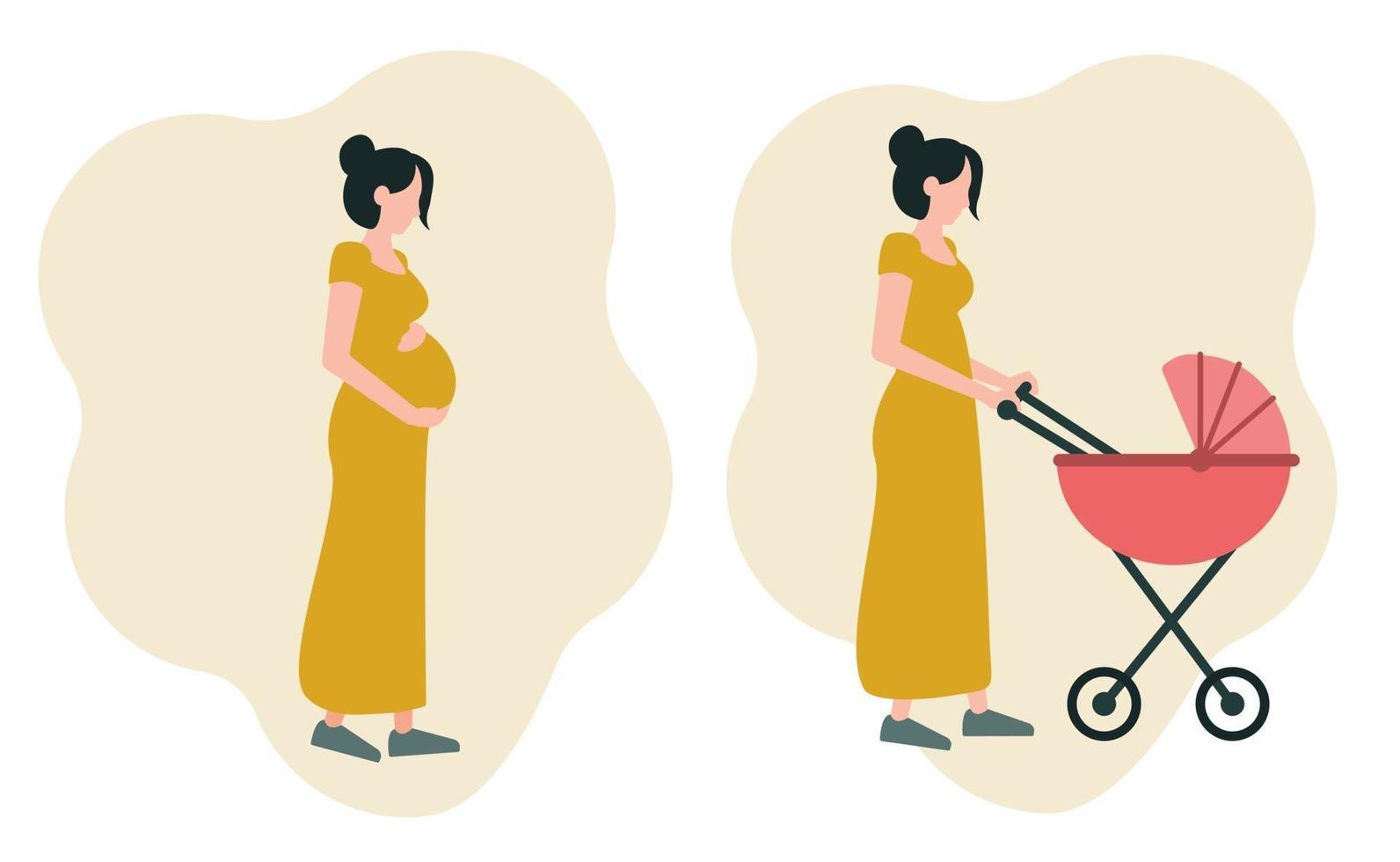 un conjunto de dos imágenes de una niña embarazada abrazando su estómago, una madre joven caminando con un cochecito. iconos sobre el tema de la maternidad. vector