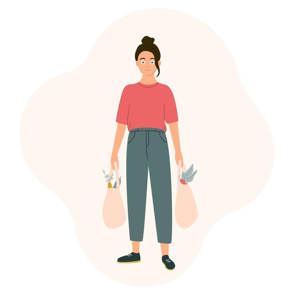 A young girl with shopping from the supermarket in her hands. Daily chores, going to the grocery store. vector