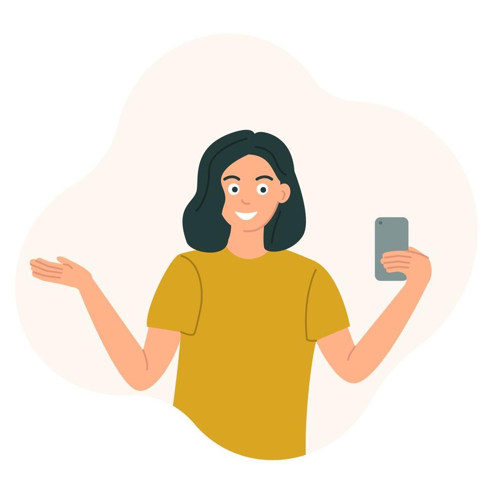 The girl blogger holds a phone in her hand and gestures, live broadcast, communication with subscribers. vector
