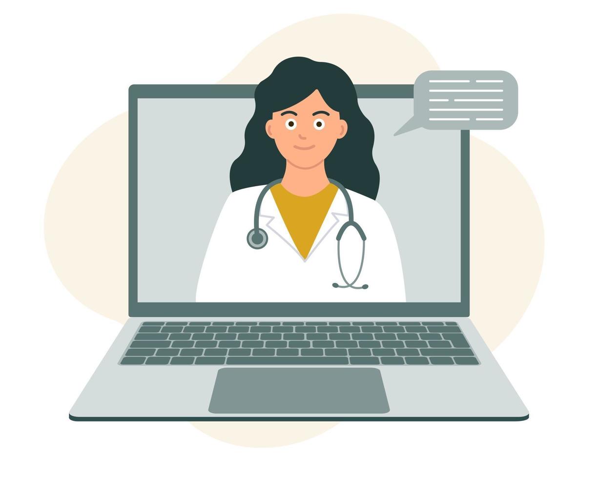 Online consultation with a doctor, medical support at a distance, remotely. A female medic with a stethoscope on a laptop screen. vector