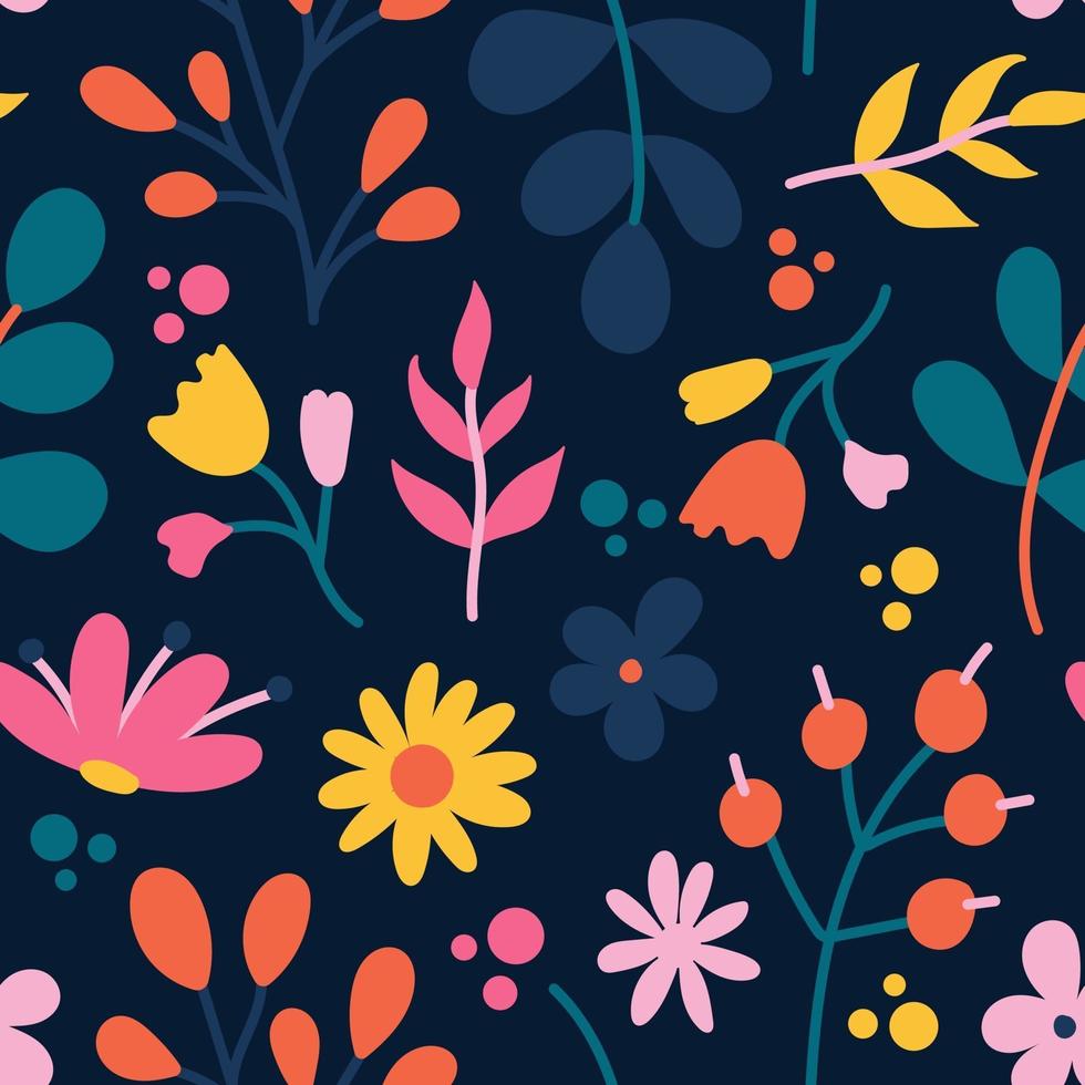 Plants and flowers on a dark background, vector seamless pattern in a flat style