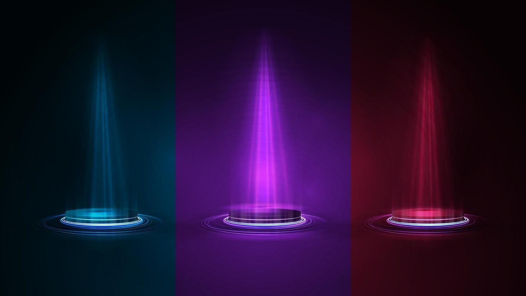 Set of empty blue podiums for product presentation, 3d realistic neon illustration. Blue, pink and red digital neon podiums with lighting of spotlights in dark room vector