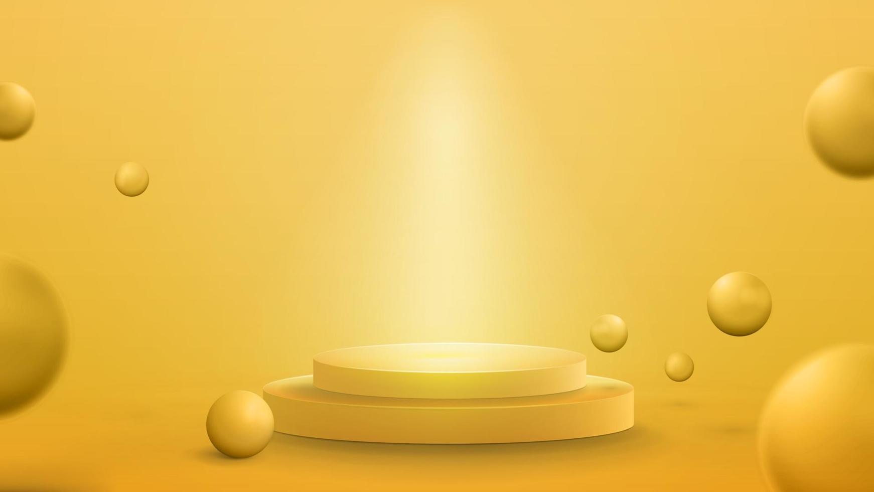 Podio amarillo vacío con iluminación de focos y pelotas de rebote realistas. Ilustración de render 3D con sala abstracta amarilla con esferas amarillas 3d vector