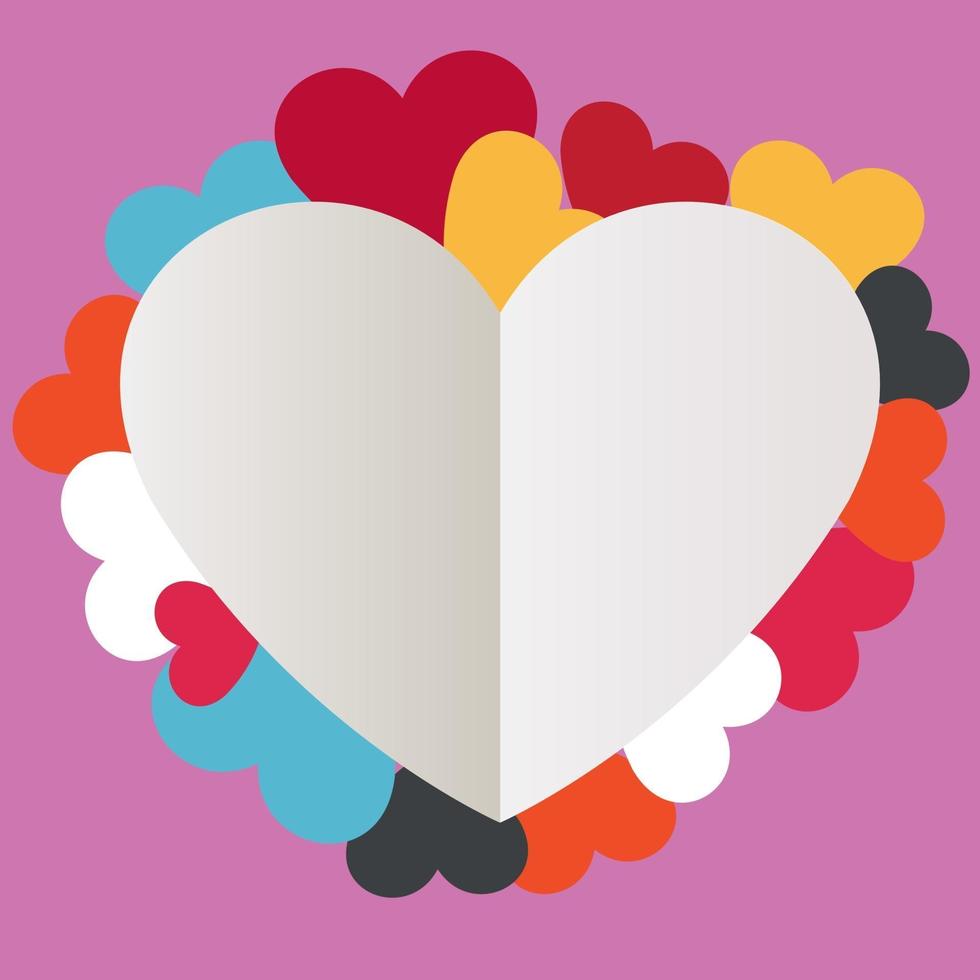El día de San Valentín en el corazón blanco está rodeado de corazones de colores sobre un fondo rosa. vector