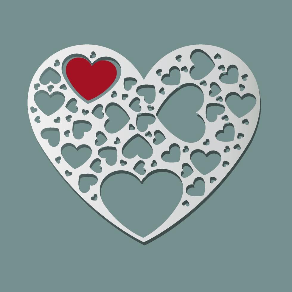 Beautiful white paper cut heart shape and red heart inside. Vector illustrations