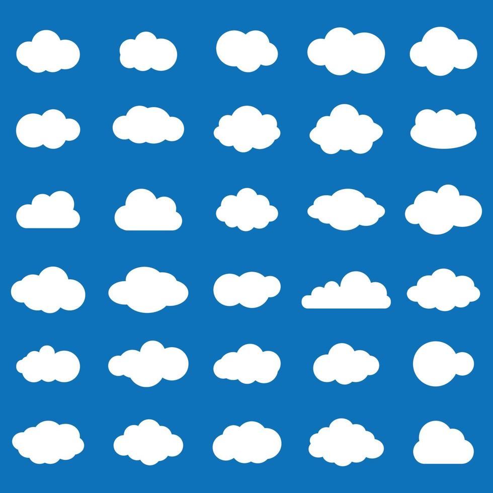 icono de vector de nube establece color blanco sobre fondo azul. colección de ilustraciones planas de cielo para web. ilustración vectorial