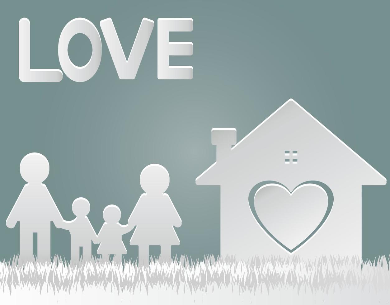 paper cut vector.Happy family at home mom and dad standing hand shake with boy and girl. the house with the heart with love. vector