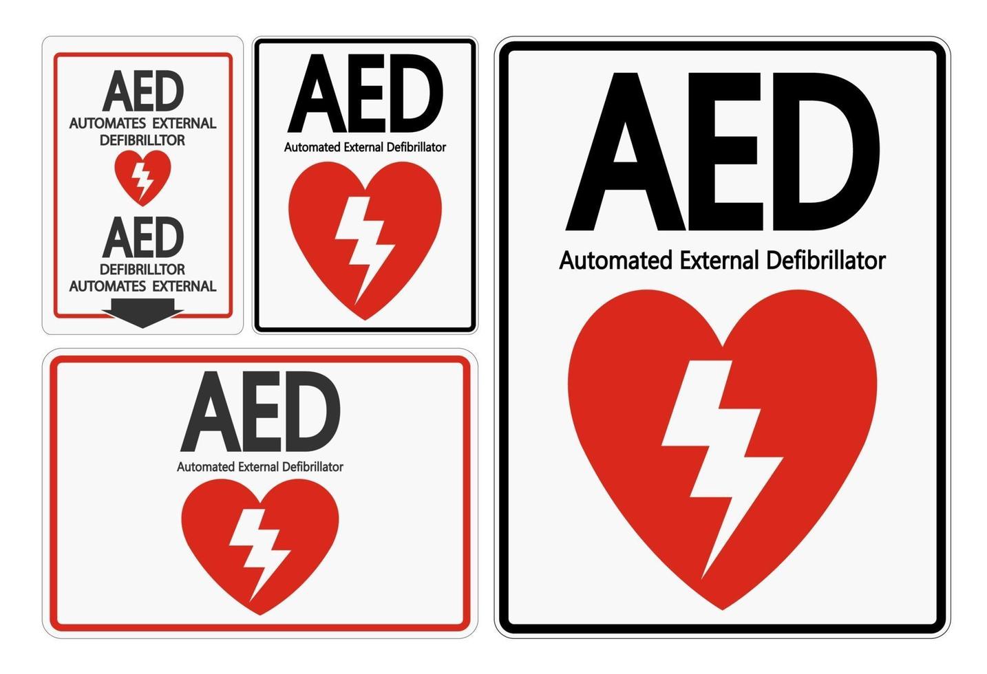 Establecer símbolo etiqueta de señal AED sobre fondo blanco. vector
