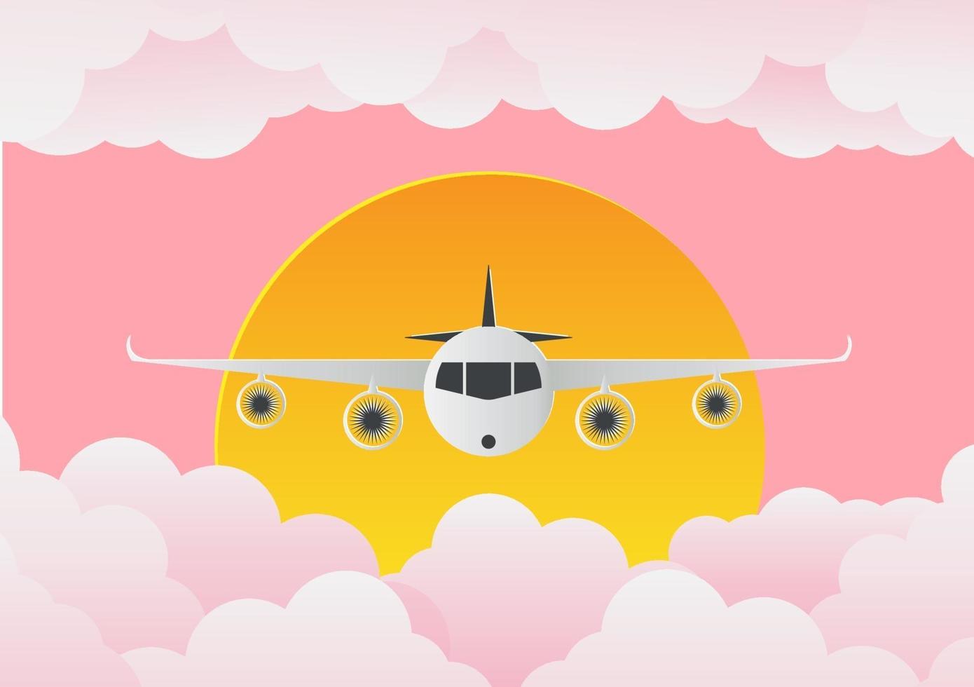 avión con nubes y sol sobre fondo rosa ilustración de vector de arte de papel