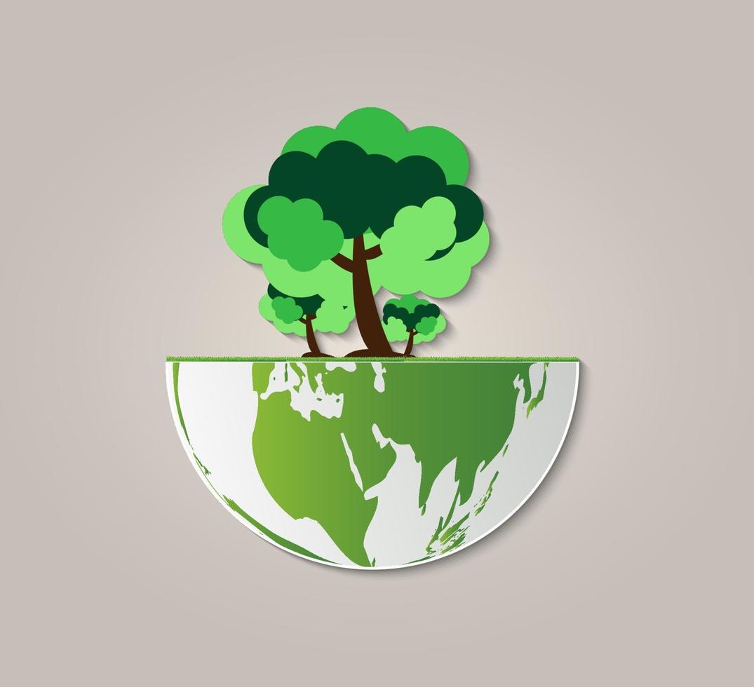 ecología. las ciudades verdes ayudan al mundo con la idea del concepto ecológico. con el globo y el fondo del árbol. ilustración vectorial vector