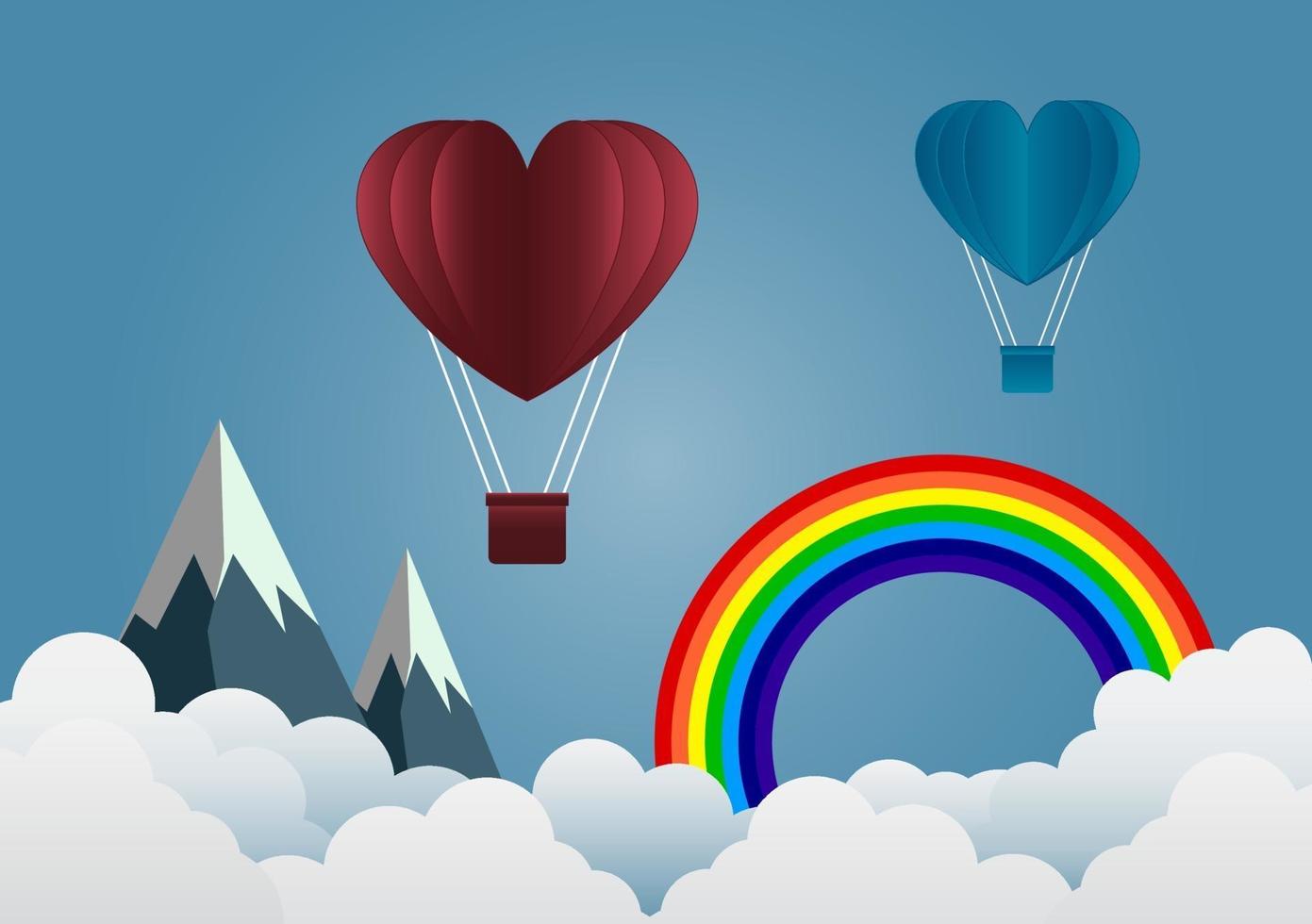 valentine's Day balloon heart-shaped floating in the sky and beautiful mountains cloud.paper art.vector illustration vector