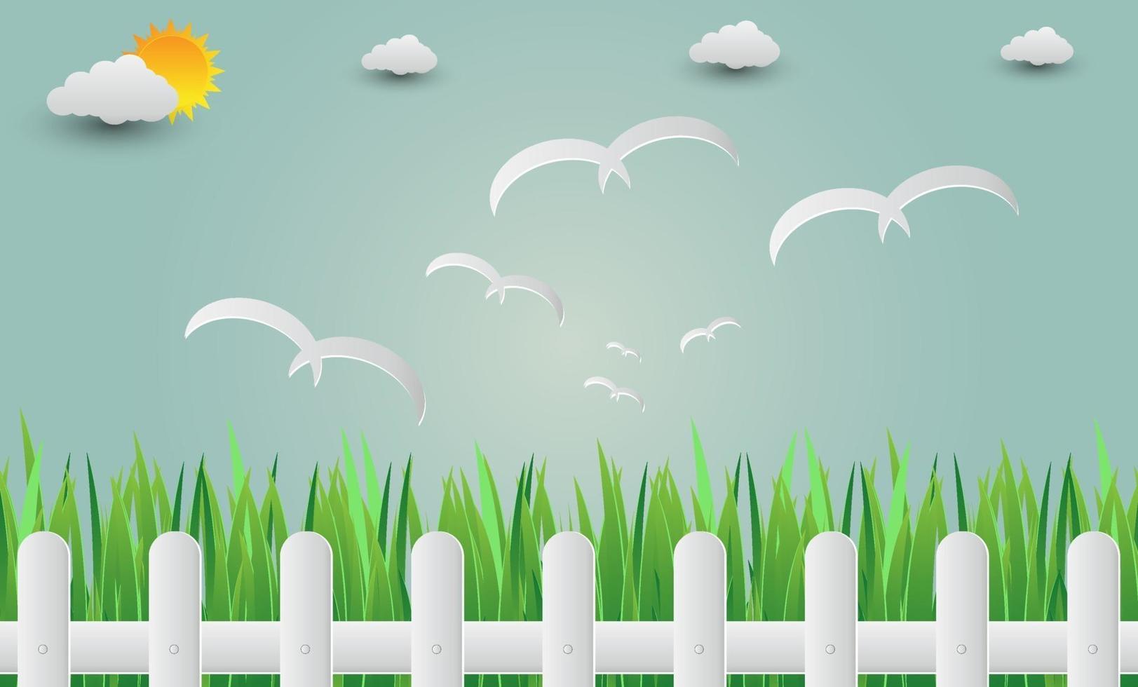 Grass fence with birds flying into the sky.paper art.vector Illustration vector